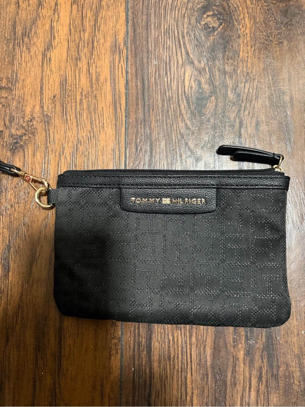 Tommy Hilfiger Black Quilted Logo Wristlet with Gold Hardware